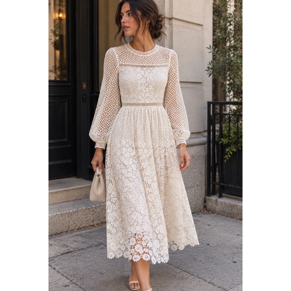 NWOT BHLDN Edina Guipure Lace Long Sleeve Bridal Midi Dress Ivory 4